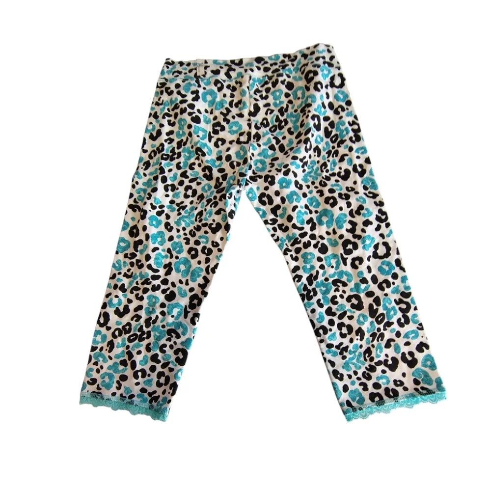 Justice Aqua Black White Leopard Print Lace Hemmed Capri Leggings Size 14 Girls